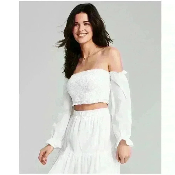And Now This Tops - And Now This Womens Solid White Smocked Crop Top Off The Shoulder Size Medium
